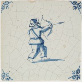 Antique Delft tile with an archer with crossbow, 17th century