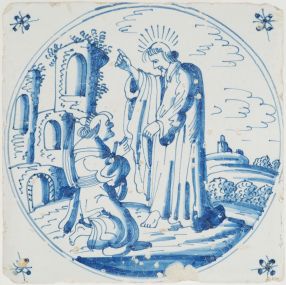 Antique Delft tile with the faith of the centurion, 17th century