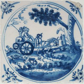 Antique Delft tile with a taxi, 18th century