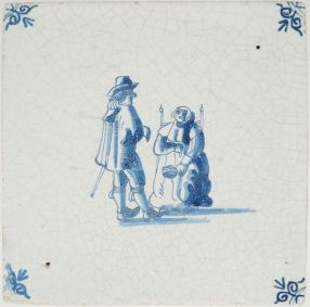Antique Delft tile with a couple conversating, 17th century