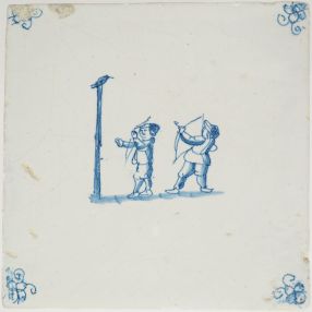 Antique Delft tile with two children practice shooting, 17th century