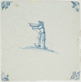 Antique Delft tile with a ice skater, 17th century