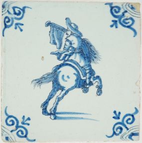 Antique Delft tile with a horseman, 17th century 