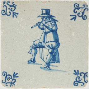 Antique Delft tile with a flute player, 17th century