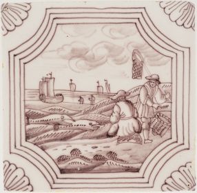 Antique Delft tile with a fishing scene, 18th century