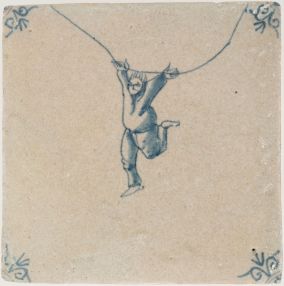 Antique Delft tile with an acrobat swinging on a rope, 17th century