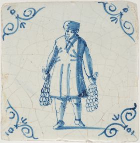 Antique Delft tile with a man with garlic, 17th century
