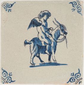 Antique Delft tile with a Cupid riding a goat, 17th century