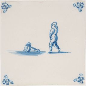 Antique Delft tile with two people skinny dipping, 18th century