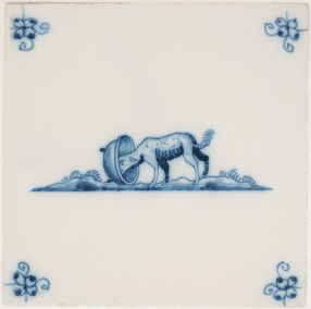 Antique Delft tile depicting the saying 'finding the dog in the pot', 18th century