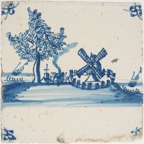 Antique Delft tile with a post mill, 18th century