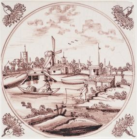 Antique Delft tile with a detailed Dutch landscape scene, 18th century
