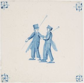 Antique Delft tile with two men in a tailcoat skating on ice, 19th century