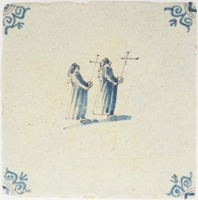 Antique Delft tile with two pastors, 17th century