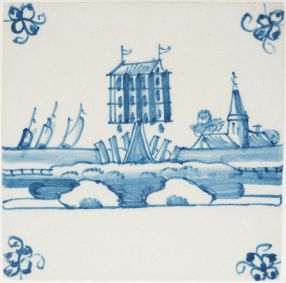 Antique Delft tile with a dovecote, 18th century