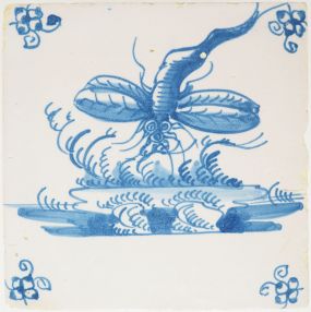 Antique Delft tile in blue with a large dragonfly, 18th century