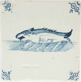 Antique Delft tile with a whale, 17th century
