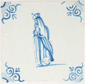 Antique Delft tile with a lady wearing a huik, 17th century