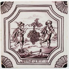 Antique Delft tile with the grapes of Canaan, 18th century