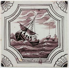 Antique Delft tile with Jesus calming the storm, 18th century