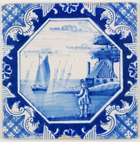 Antique Delft tile with a fisherman, 19th century
