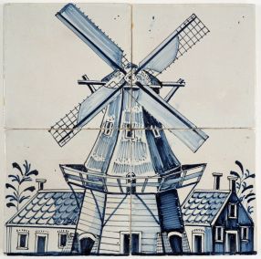 Antique Delft tile mural with a windmill, 18th - 19th century