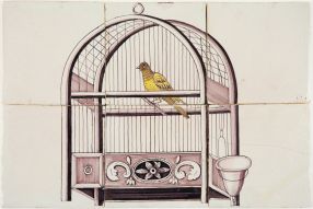 Antique Delft tile mural depicting a manganese bird cage with a yellow canary, 19th century