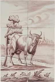 Antique Delft tile mural in manganese with a cow, 19th century