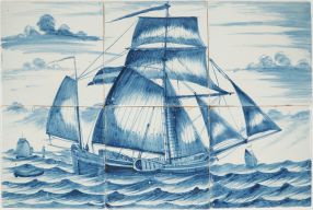 Antique Delft tile mural in blue depicting a smack (ship), 19th century