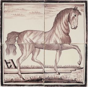 Antique Delft tile mural in manganese with a galloping horse, 19th century