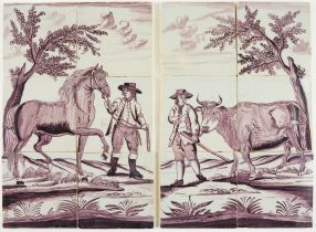 Set of Delft tile murals with a cow and a horse, 18th century