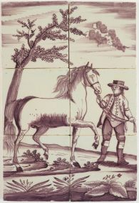 Antique Delft tile mural with a farmer presenting a horse, 19th century