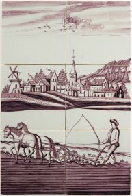 Antique Delft tile mural with a plowing farmer, 19th century