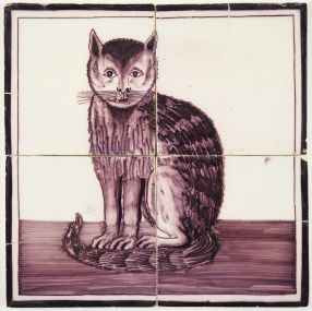 Antique Delft tile mural with a cat in manganese, 18th century 
