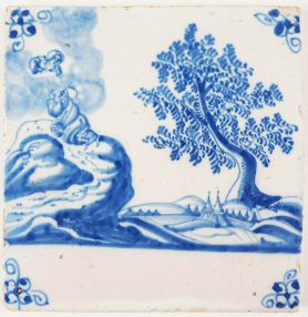 Antique Delft tile depicting the moment that Moses receives the then commandments, 18th century