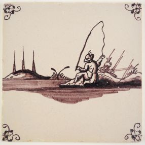 Antique Delft tile in manganese with a fisherman