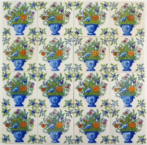 Antique Delft polychrome wall tiles with richly decorated flower vases, 19th and 20th century