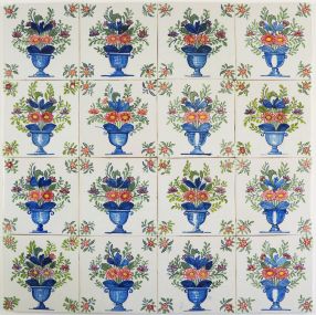 Antique Delft polychrome wall tiles with richly decorated flower vases, 19th century Tichelaar Makkum