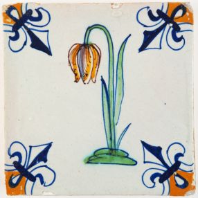 Antique Delft polychrome tile with the Snake's head (Fritillaria meleagris), 17th century