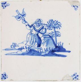 Antique Delft tile depicting Elijah being fed by ravens, 17th century