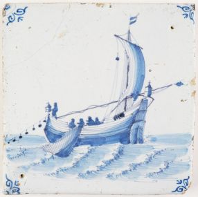 Antique Delft tile in blue with a herring buss reeling in the net, 17th century Harlingen