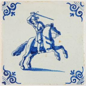 Antique Delft tile in blue with a horseman swinging his sword, 17th century