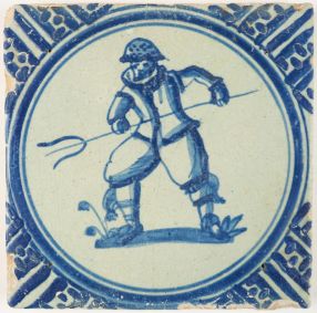 Antique Dutch Delft tile depicting a farmer or fisherman with an eel spear, 17th century