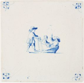 Antique Delft tile with a man skating behind a sledge with two children, 18th century