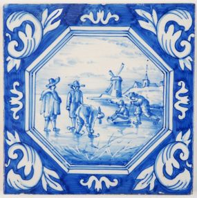 Antique Delft tile depicting a winter scene in a typical Dutch landscape, 19th century