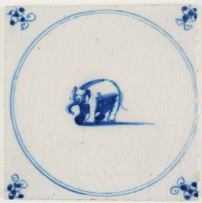 Antique Delft tile in blue with an elephant, 18th century