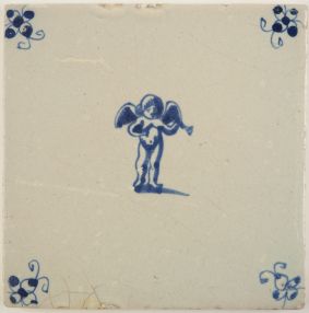 Antique Delft tile in blue with Cupid holding a trumpet, 17th century