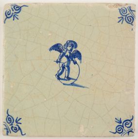 Antique Delft tile in blue with Cupid playing with a hoop, 17th century