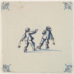 Antique Delft tile in blue with two children playing with slingshots, 17th century