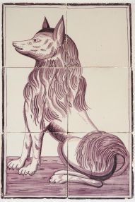 Antique Delft tile mural in manganese with a barge dog, 19th century
